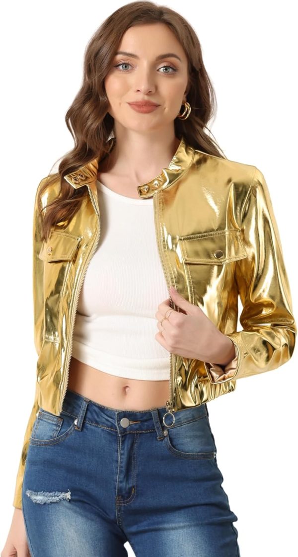 Allegra K Halloween Crop Moto Jacket for Women's Zip Up Glitter Holographic Metallic Jacket